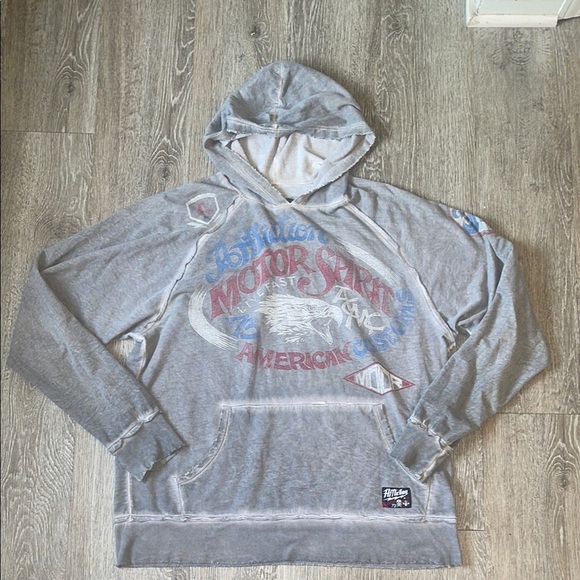 Affliction Gray Graphic Hoodie with Red and Blue Accents size large motor spirit - Picture 1 of 8